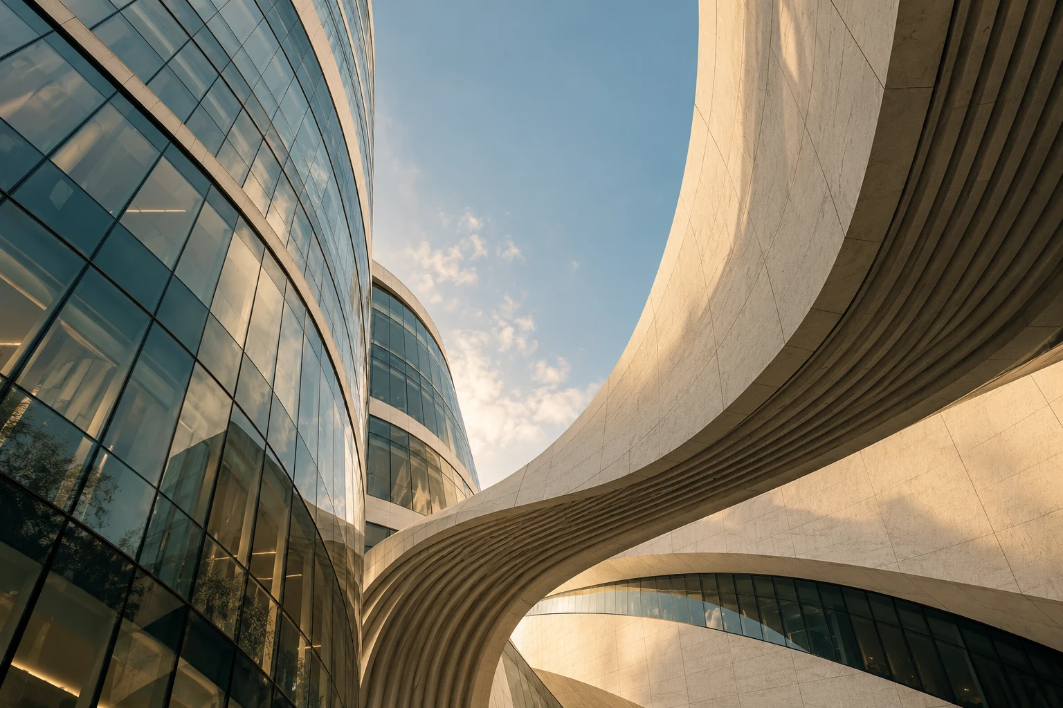 Sculptural architecture reaching towards an open sky